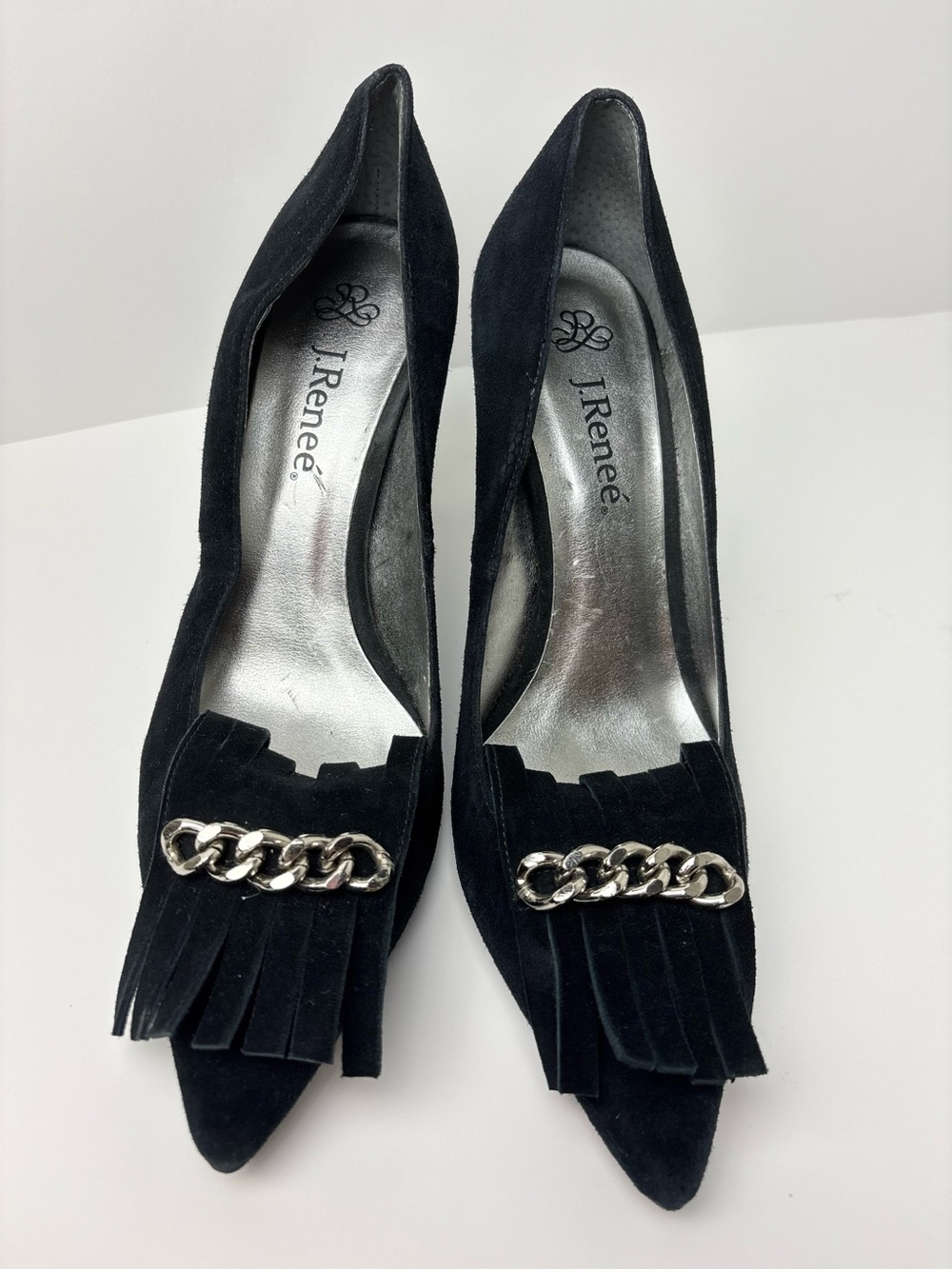 J Renee Black Suede Fringe Pointed-Toe Pumps with Silver Chain